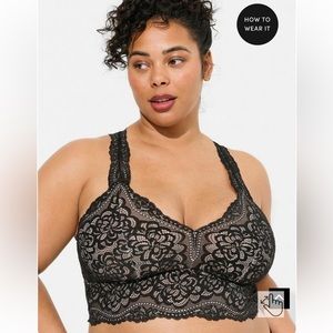 Torrid Unlined Lace Solid Racerback Bralette, Black & Beige